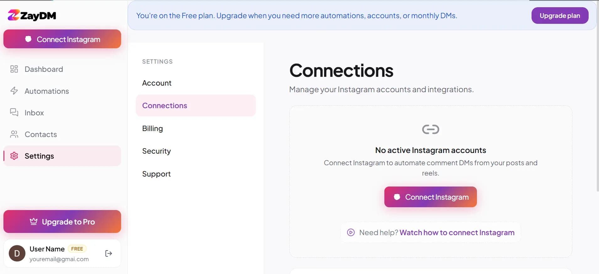 ZayDM Instagram account connection screen