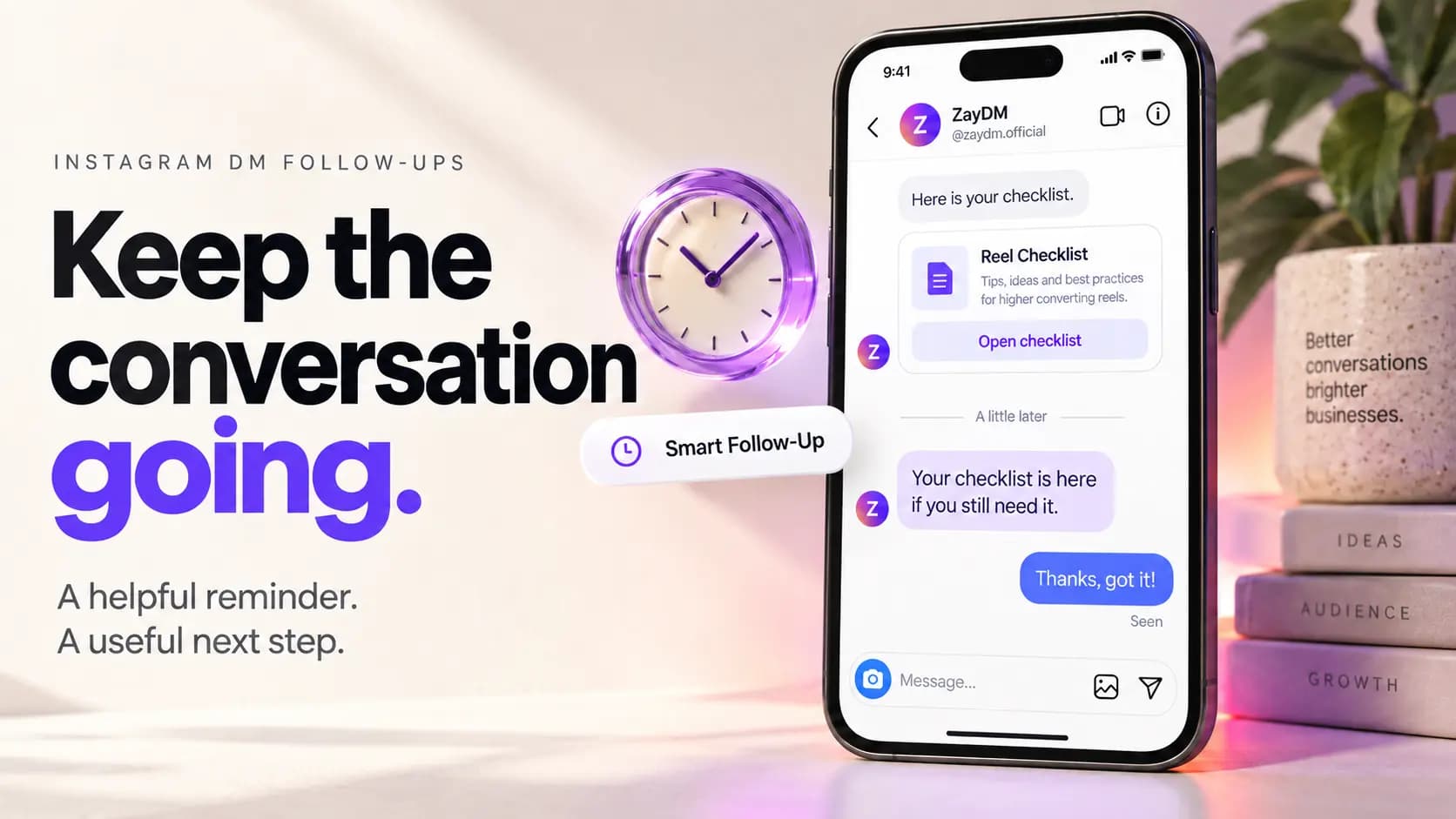 An Instagram guide delivery followed by a helpful automated reminder from ZayDM