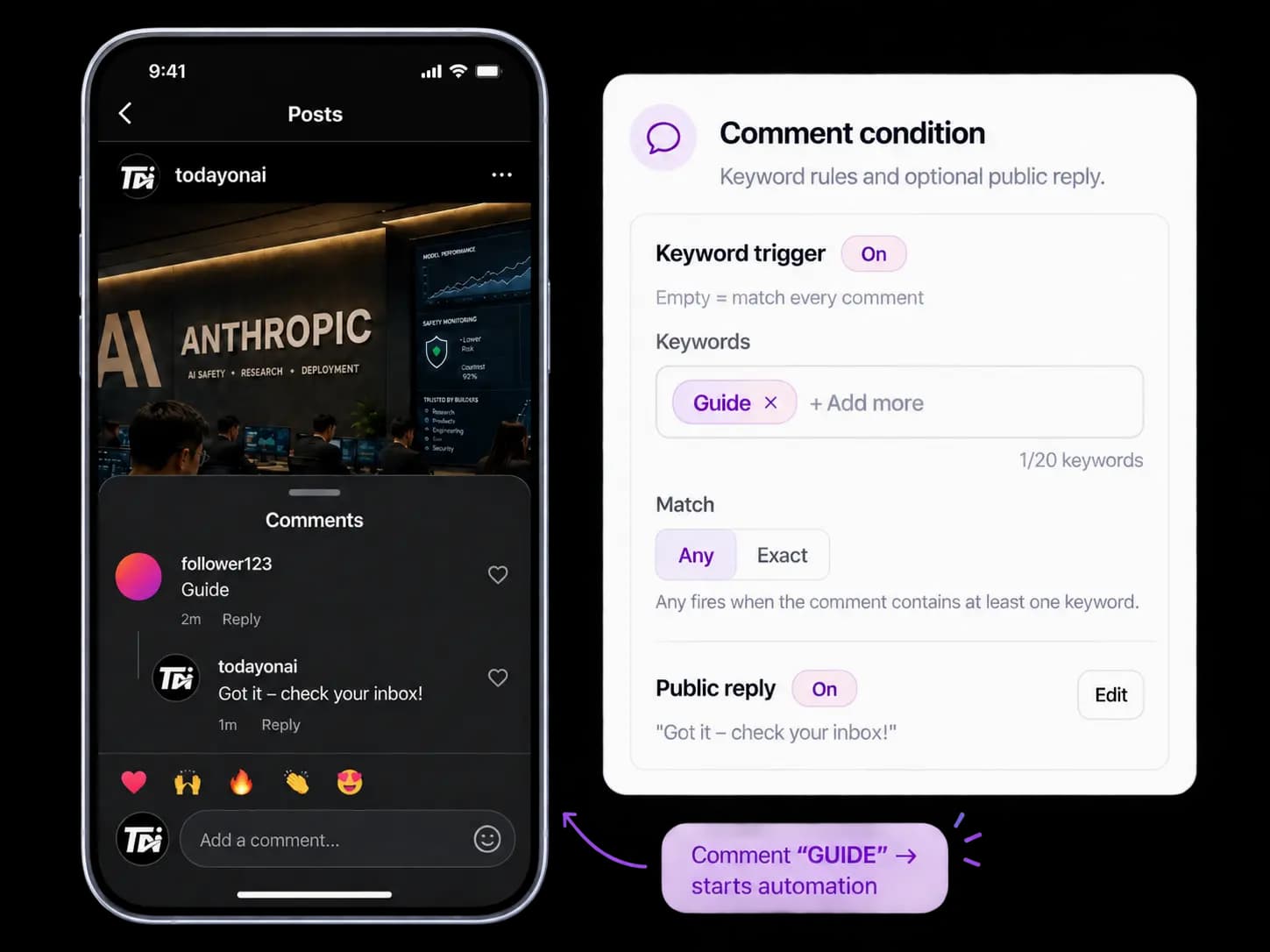 ZayDM Comment automation configured with a lead magnet keyword