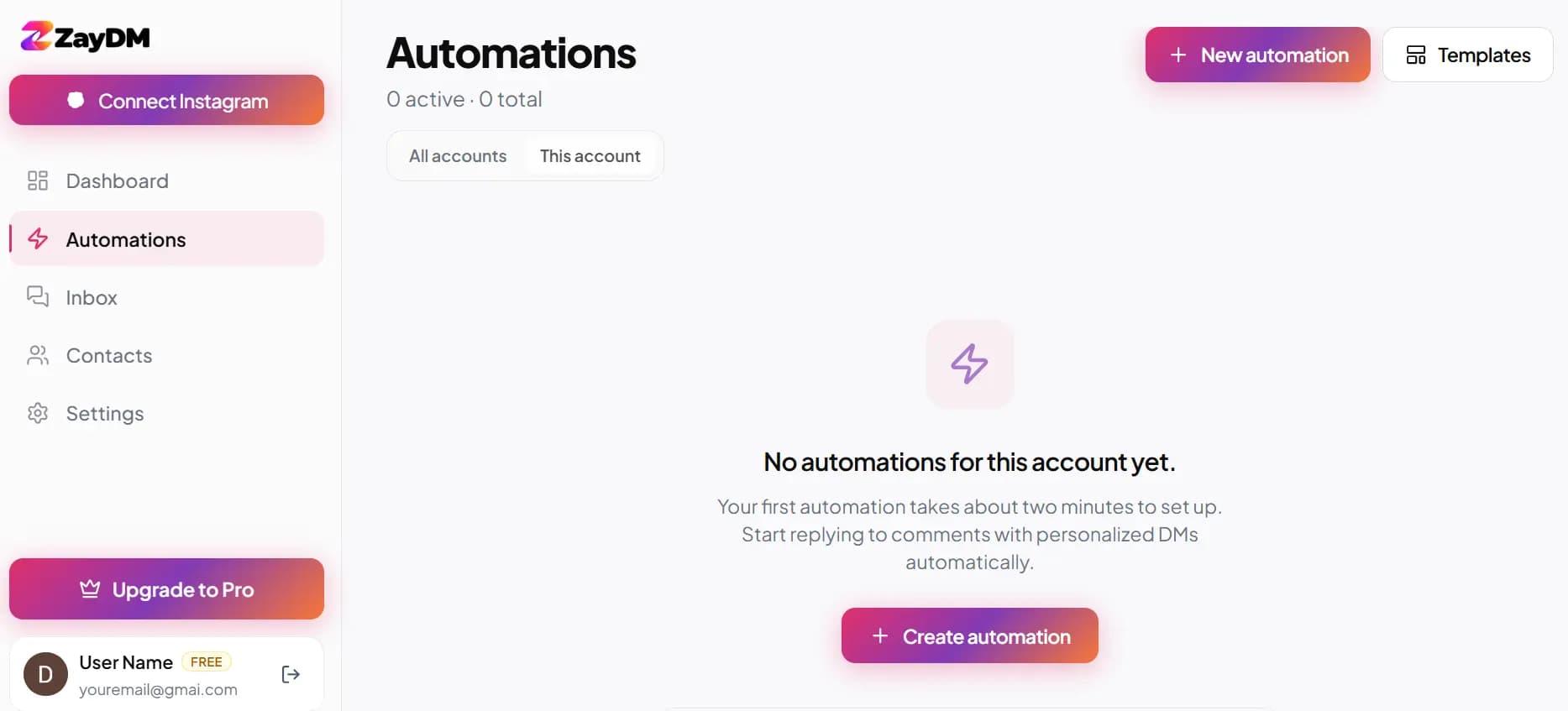 ZayDM Automations page with New automation button