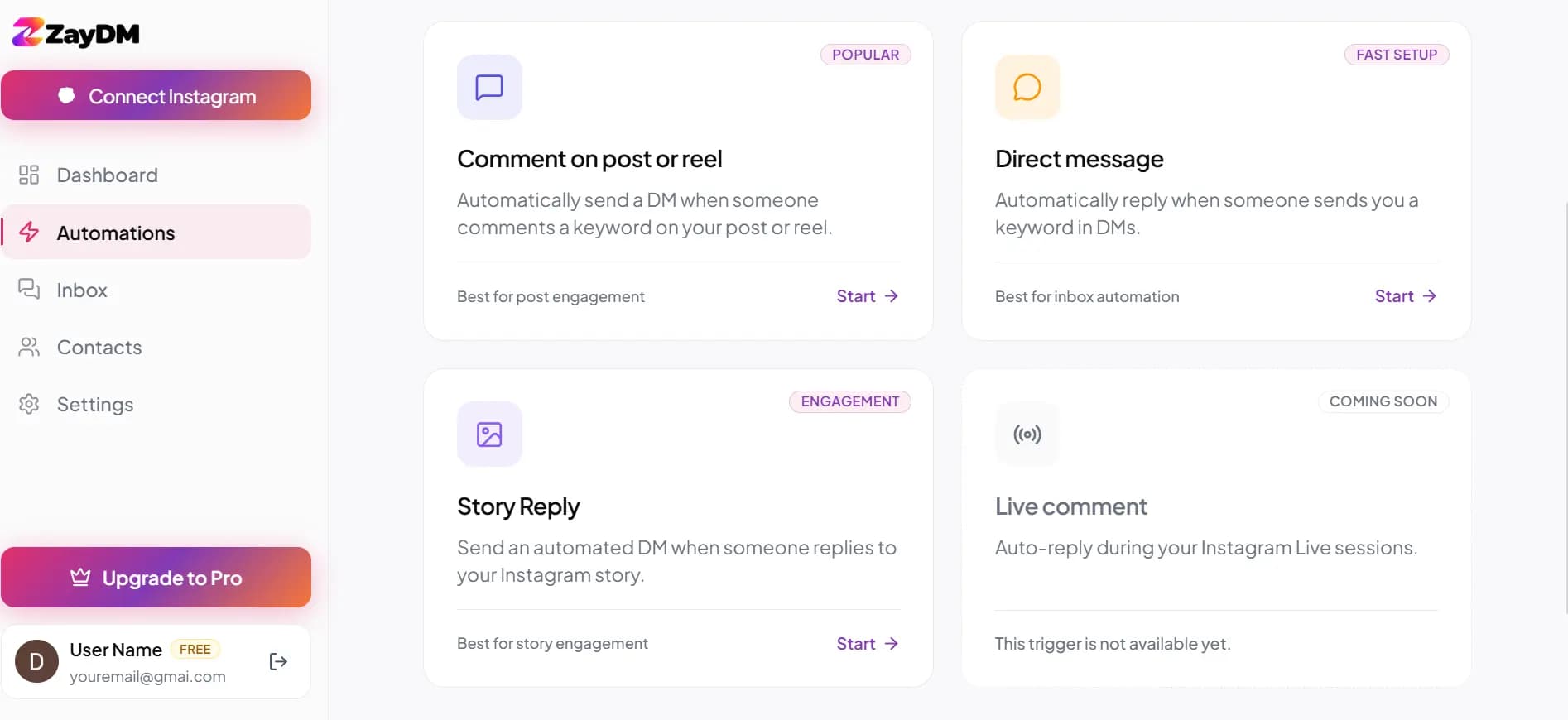 ZayDM Choose how your automation starts with Comment, Direct message, and Story Reply