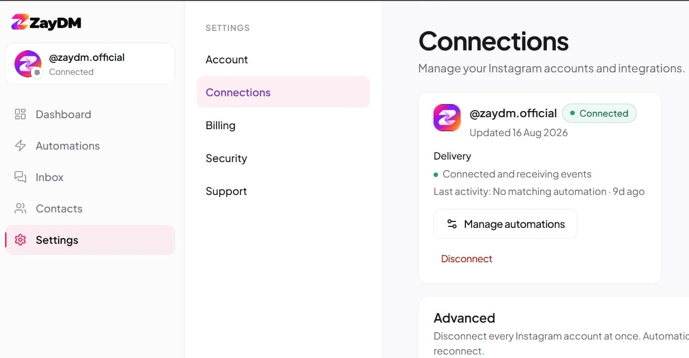 ZayDM connected Instagram account on Connections