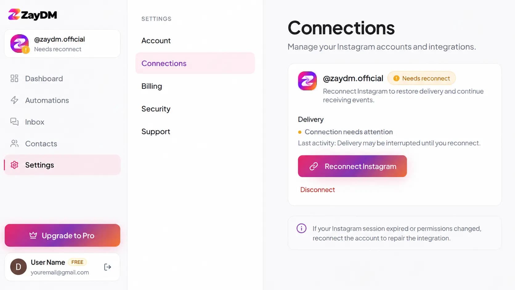 ZayDM Reconnect Instagram account warning