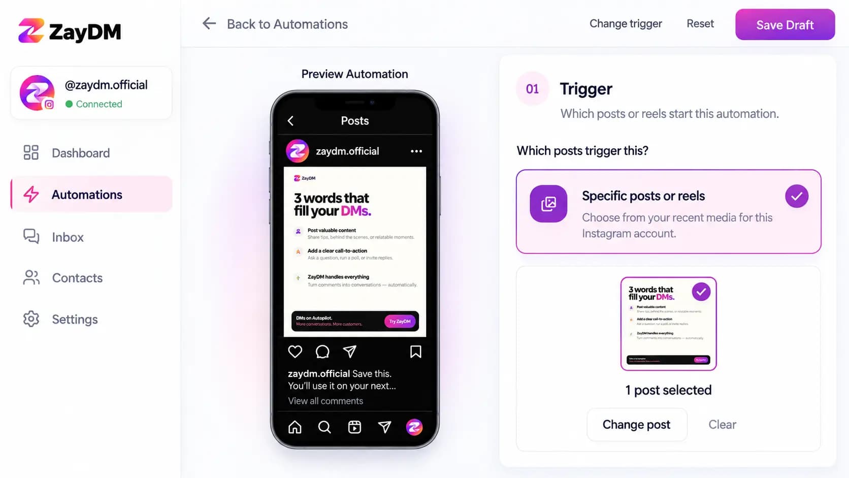 ZayDM automation editor with Save changes and Start Automation